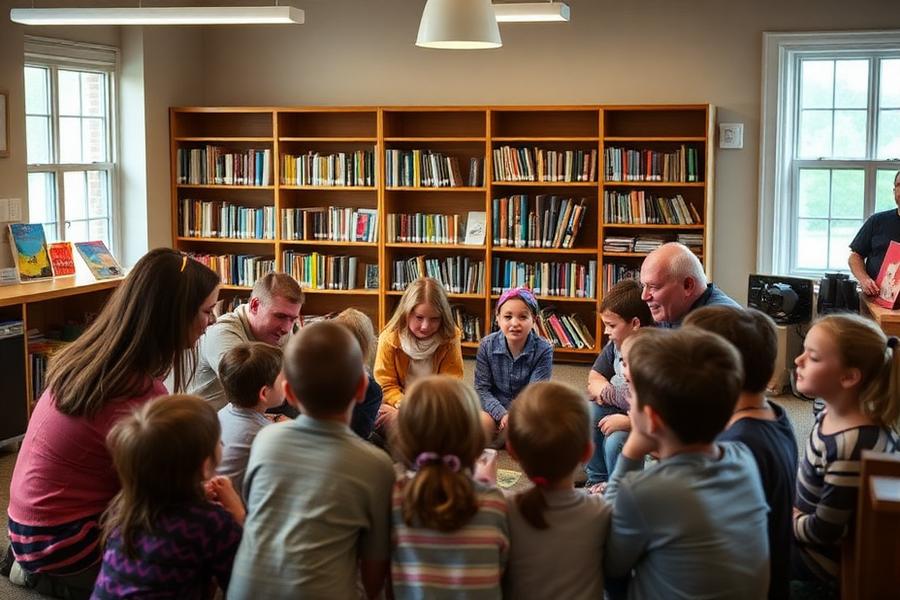 Children and families gathered for a reading circle at a local library