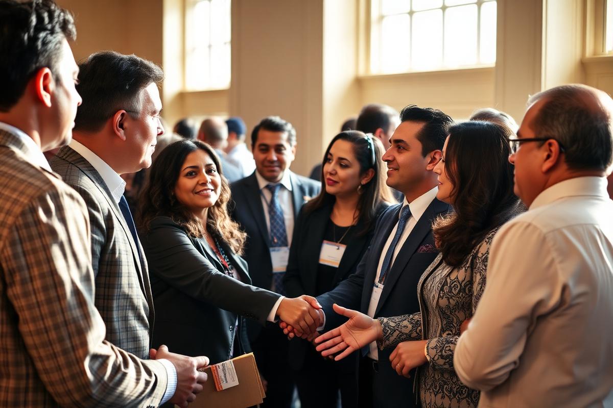 Latino business owners and professionals networking at a chamber of commerce event