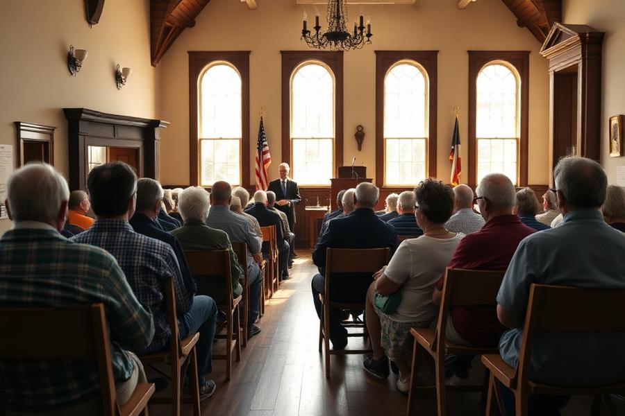 Residents attending a New England town meeting in a historic hall
